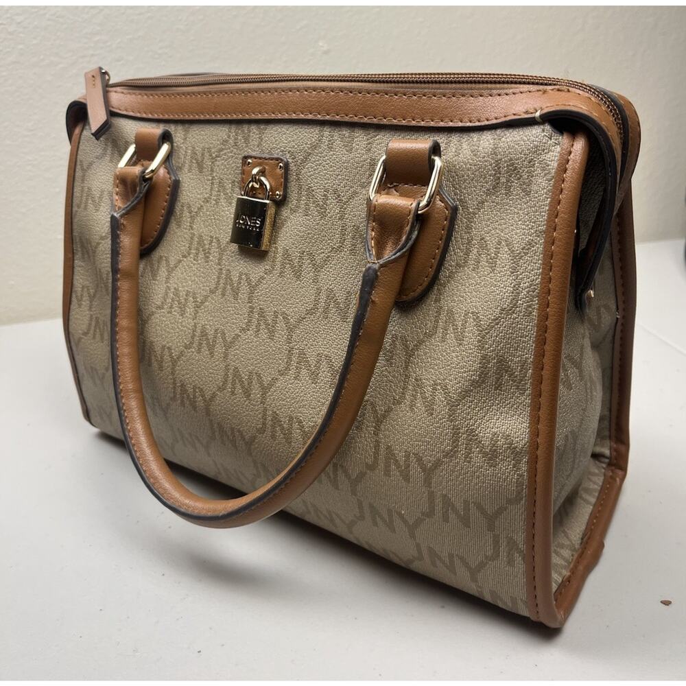 Jones New York Satchel Handbag Beige Monogram Canvas Brown Leather Trim Zip Top